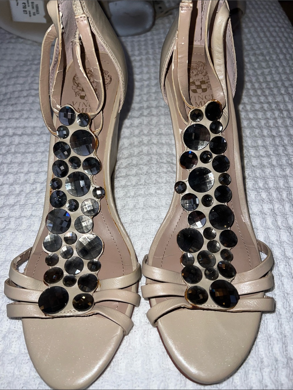 Vince Camuto Nude T-Strap Heeled Sandals with Black Jeweled Accents